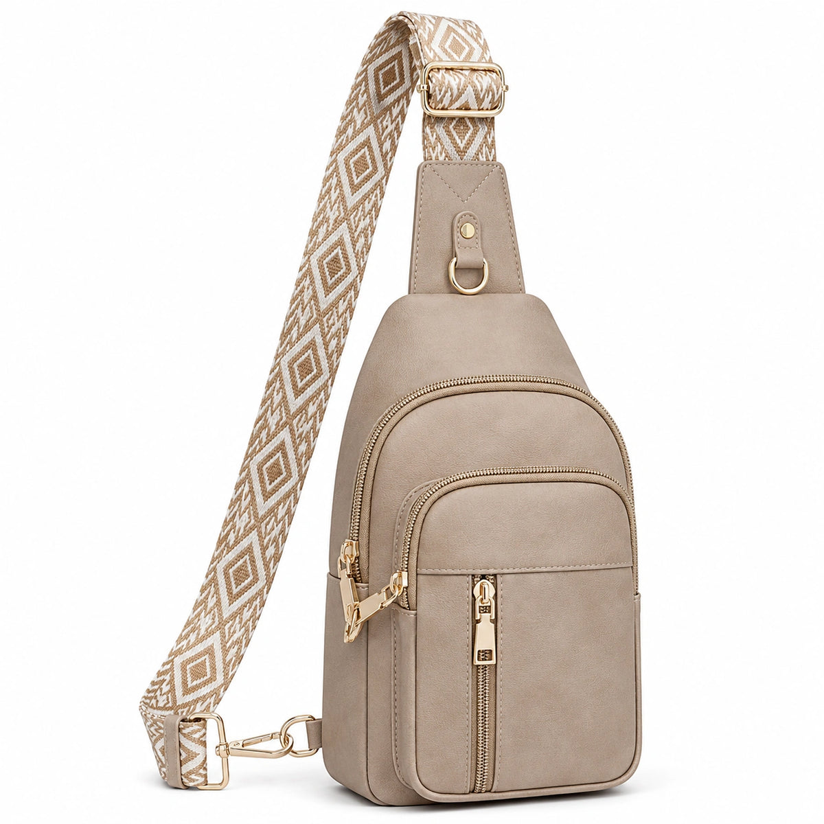 Bolso Bandolera Beige con Correa Geométrica Ajustable y Bolsillos