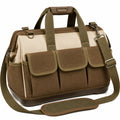 Bolsa de herramientas clásica marrón y beige con compartimentos múltiples
