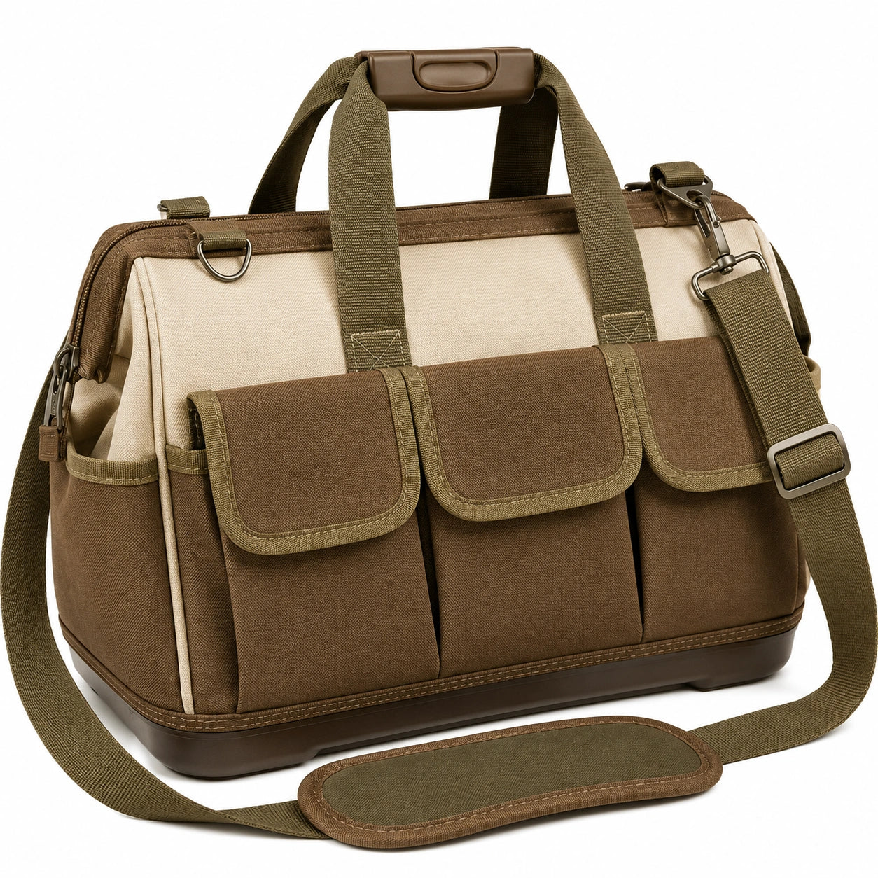 Bolsa de herramientas clásica marrón y beige con compartimentos múltiples