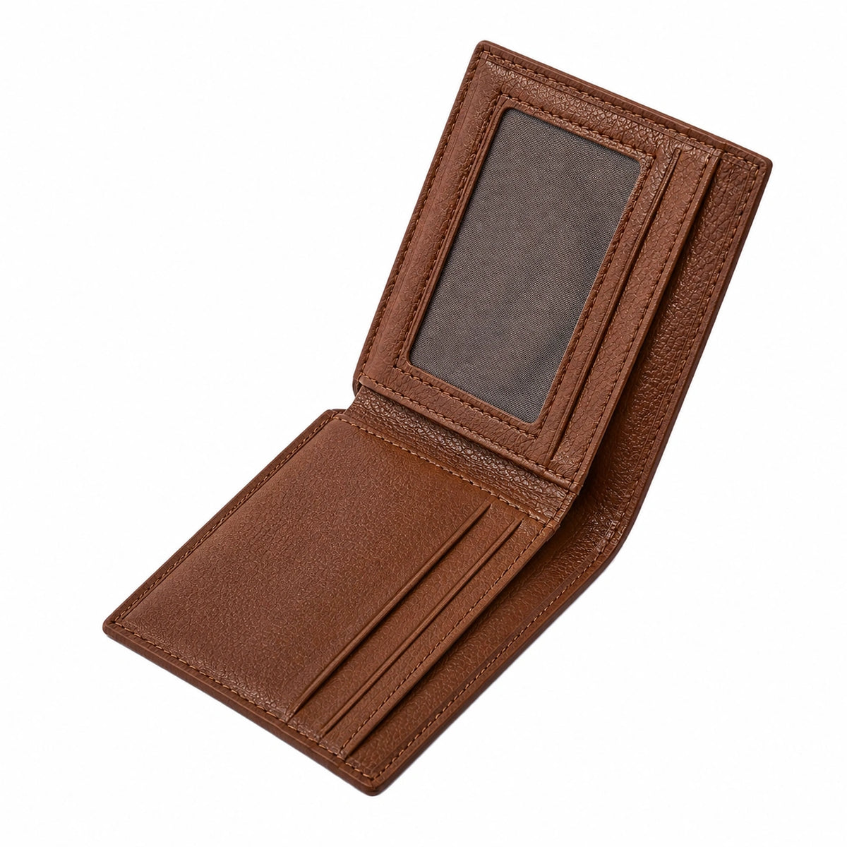 Cartera marrón con ventana para ID y ranuras para tarjetas