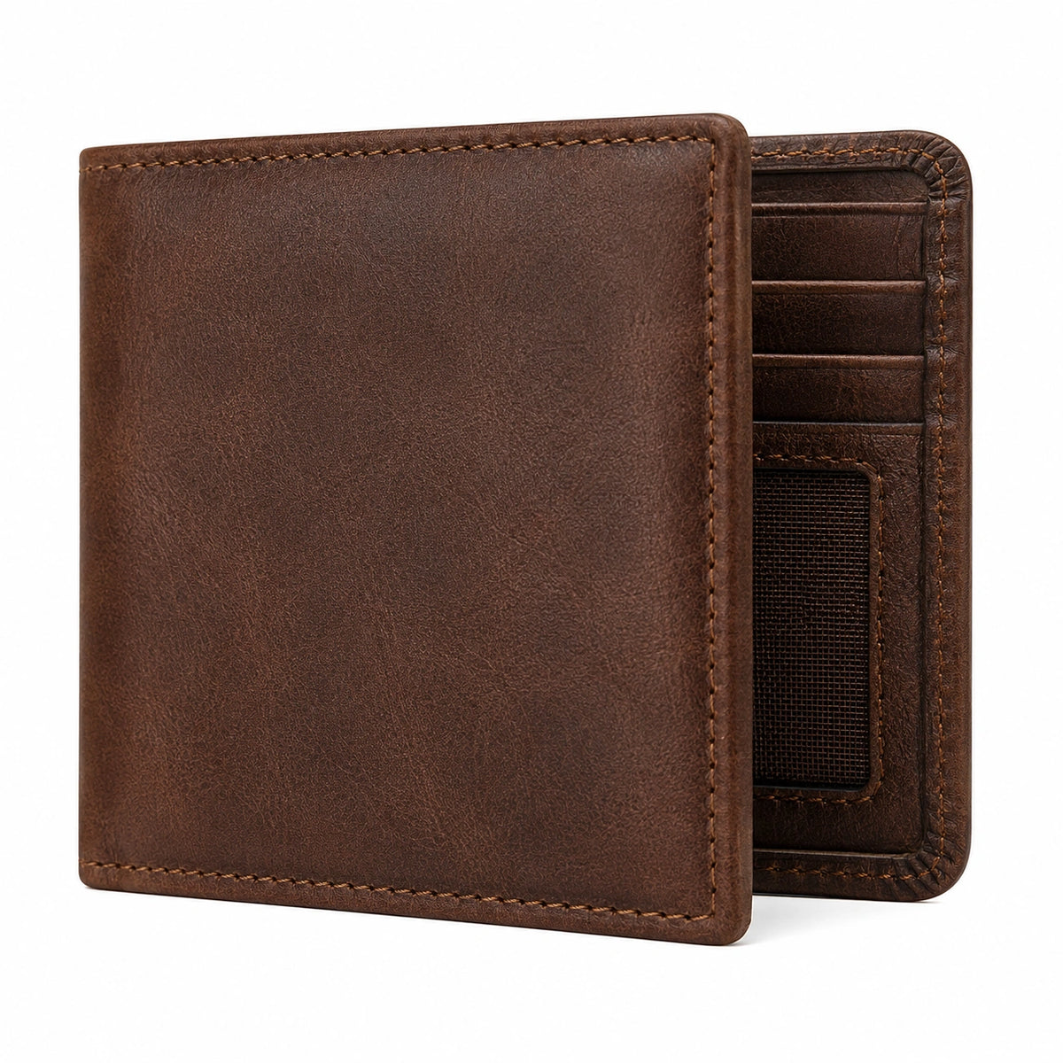Cartera de hombre bifoldo marrón con múltiples compartimentos