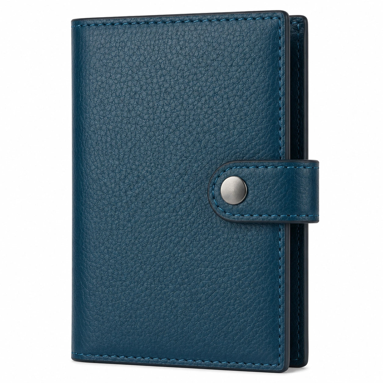 Cartera compacta azul con cierre de botón