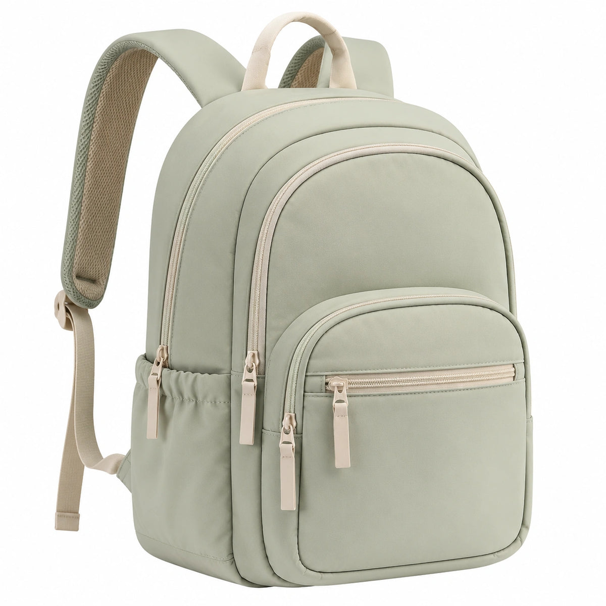 Mochila escolar verde salvia con compartimentos múltiples