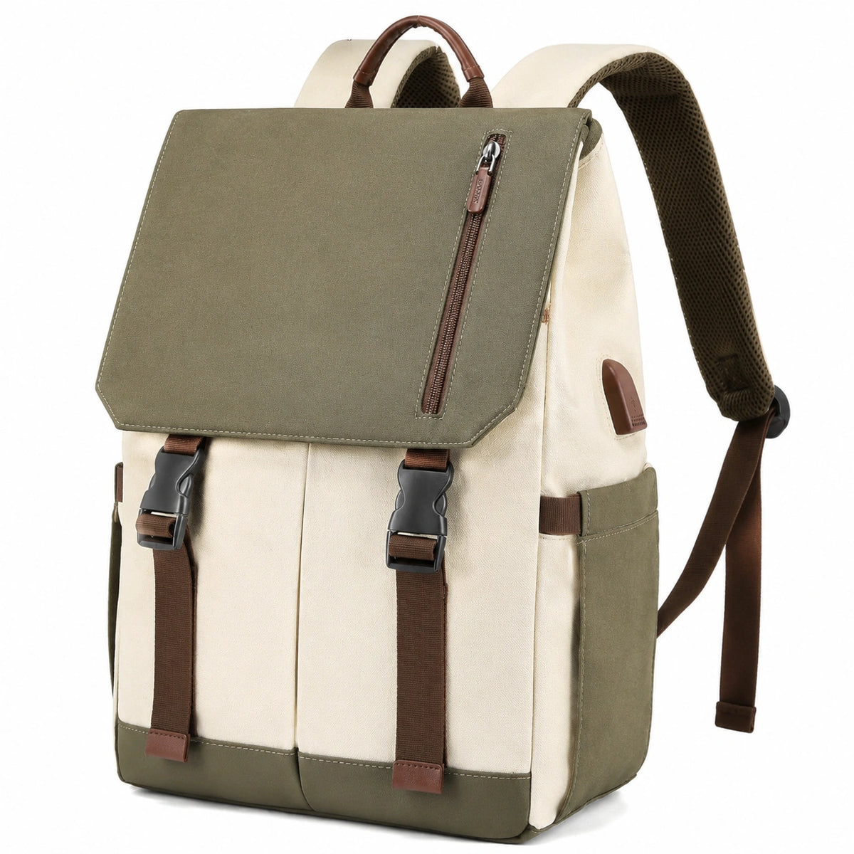 Mochila casual de lona verde y beige con solapa y bolsillos