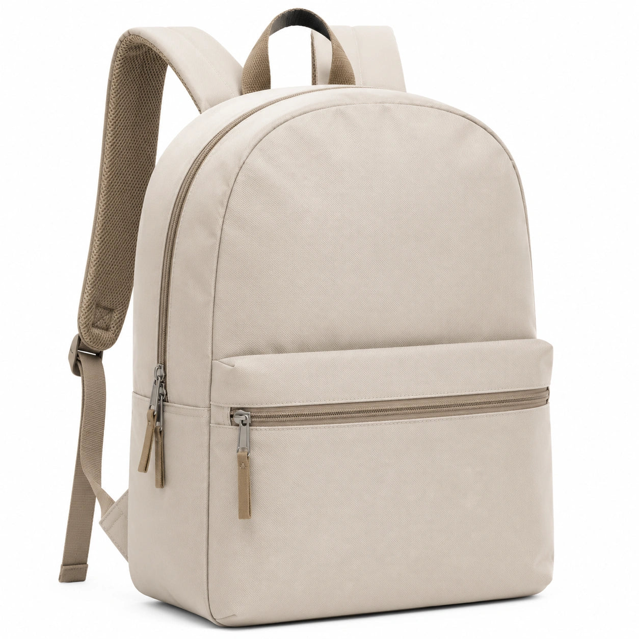 Mochila beige con correas ajustables y bolsillo frontal