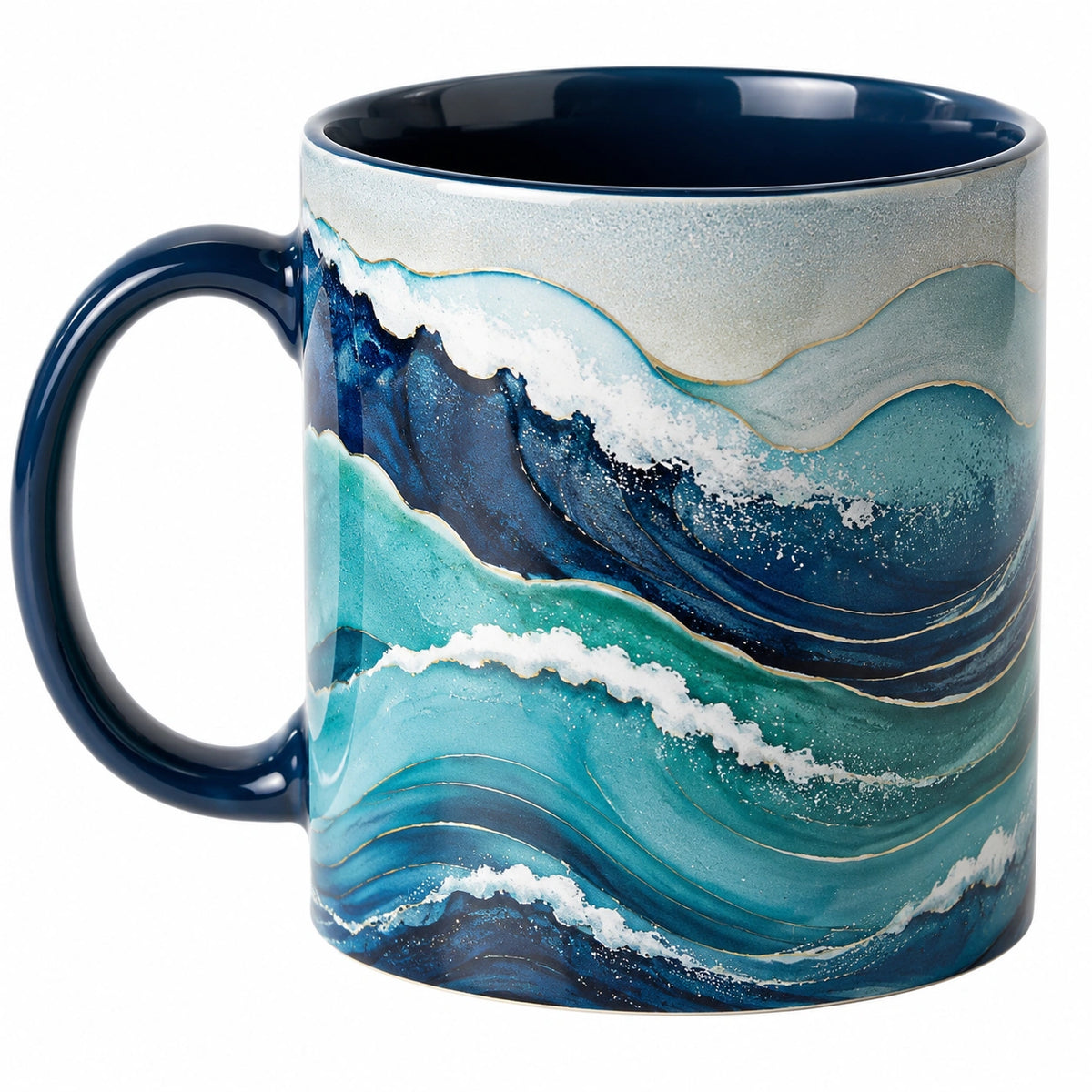 Taza de Cerámica con Diseño de Olas Azul Marino y Turquesa