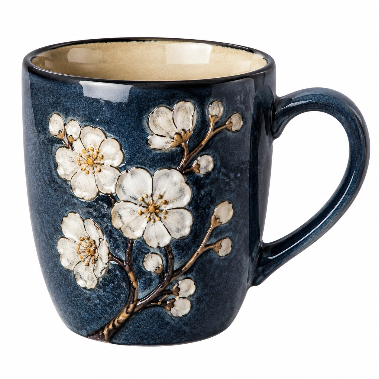 Taza de cerámica azul con diseño de flores de cerezo en relieve, 350 ml