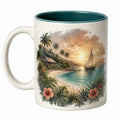 Taza de cerámica con paisaje de playa al atardecer 350ml blanca y verde