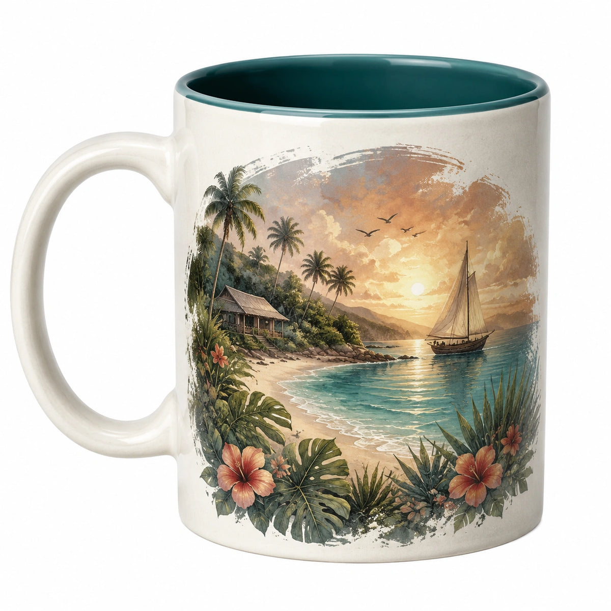 Taza de cerámica con paisaje de playa al atardecer 350ml blanca y verde