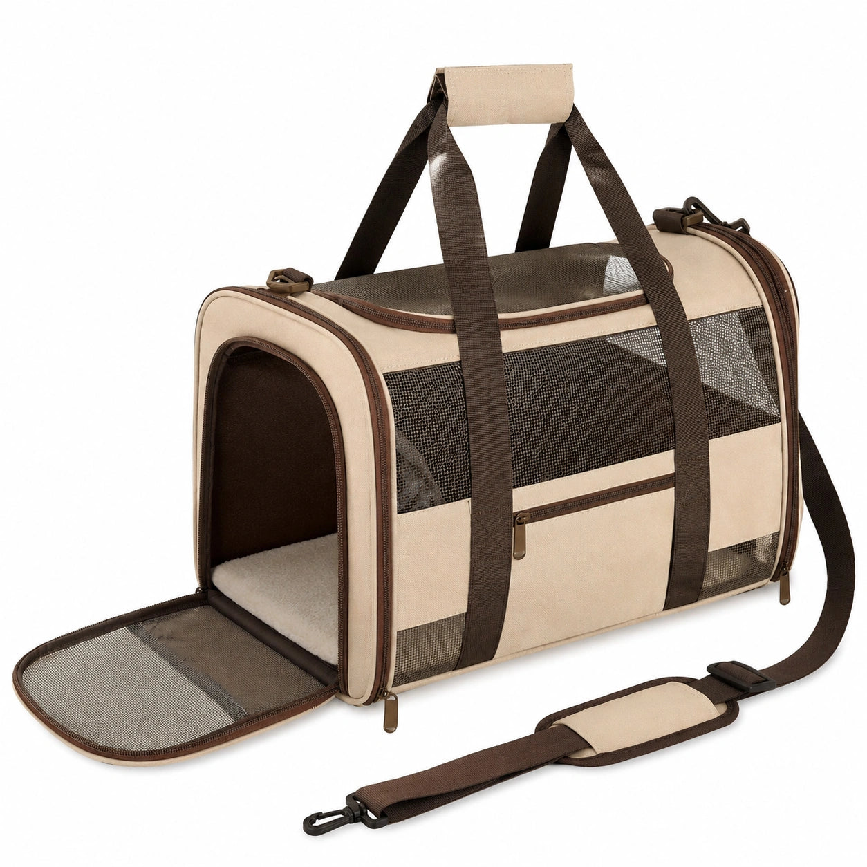 Transportín para Mascotas Pequeñas Beige y Marrón con Ventilación
