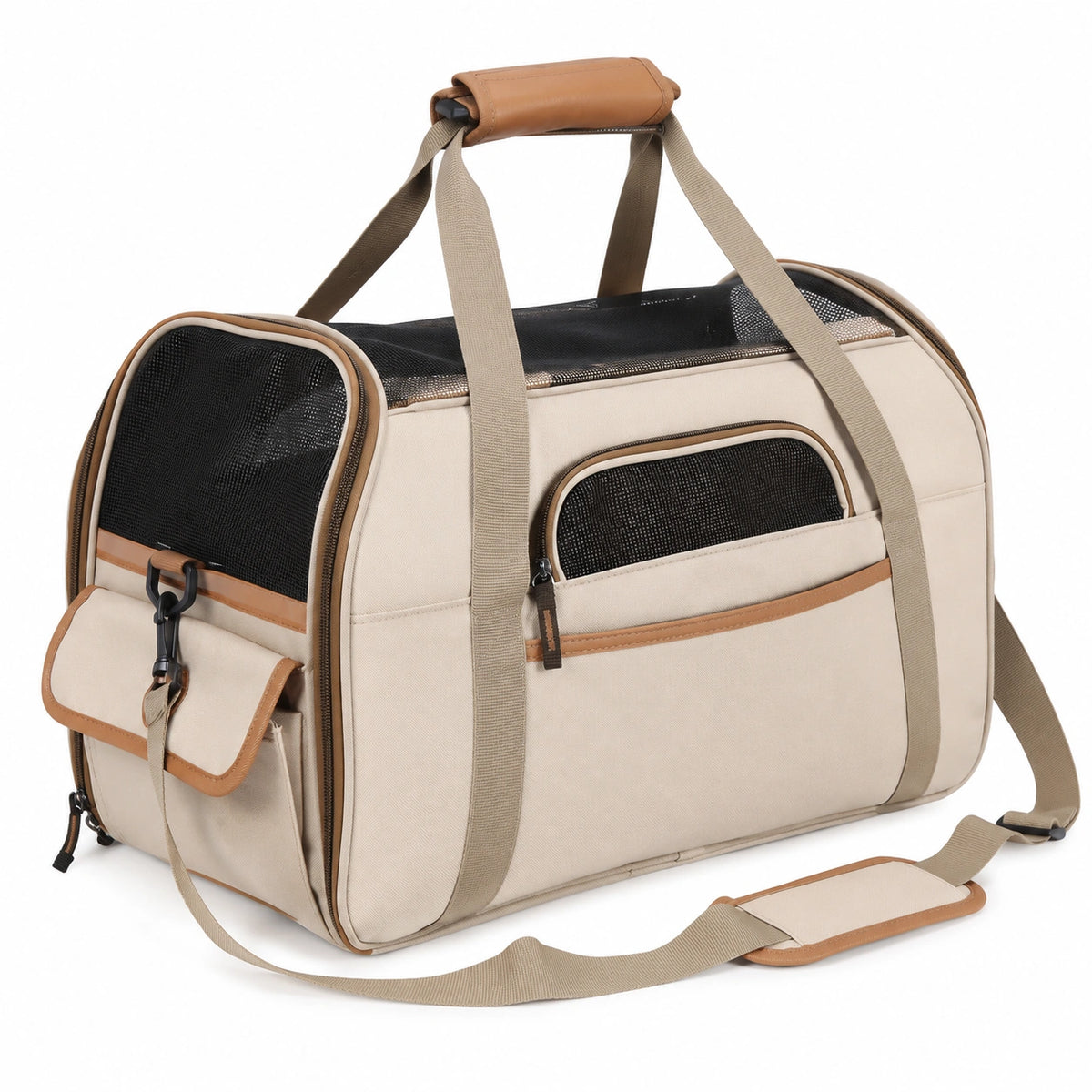 Bolsa de transporte para mascotas beige con ventilación y correas acolchadas