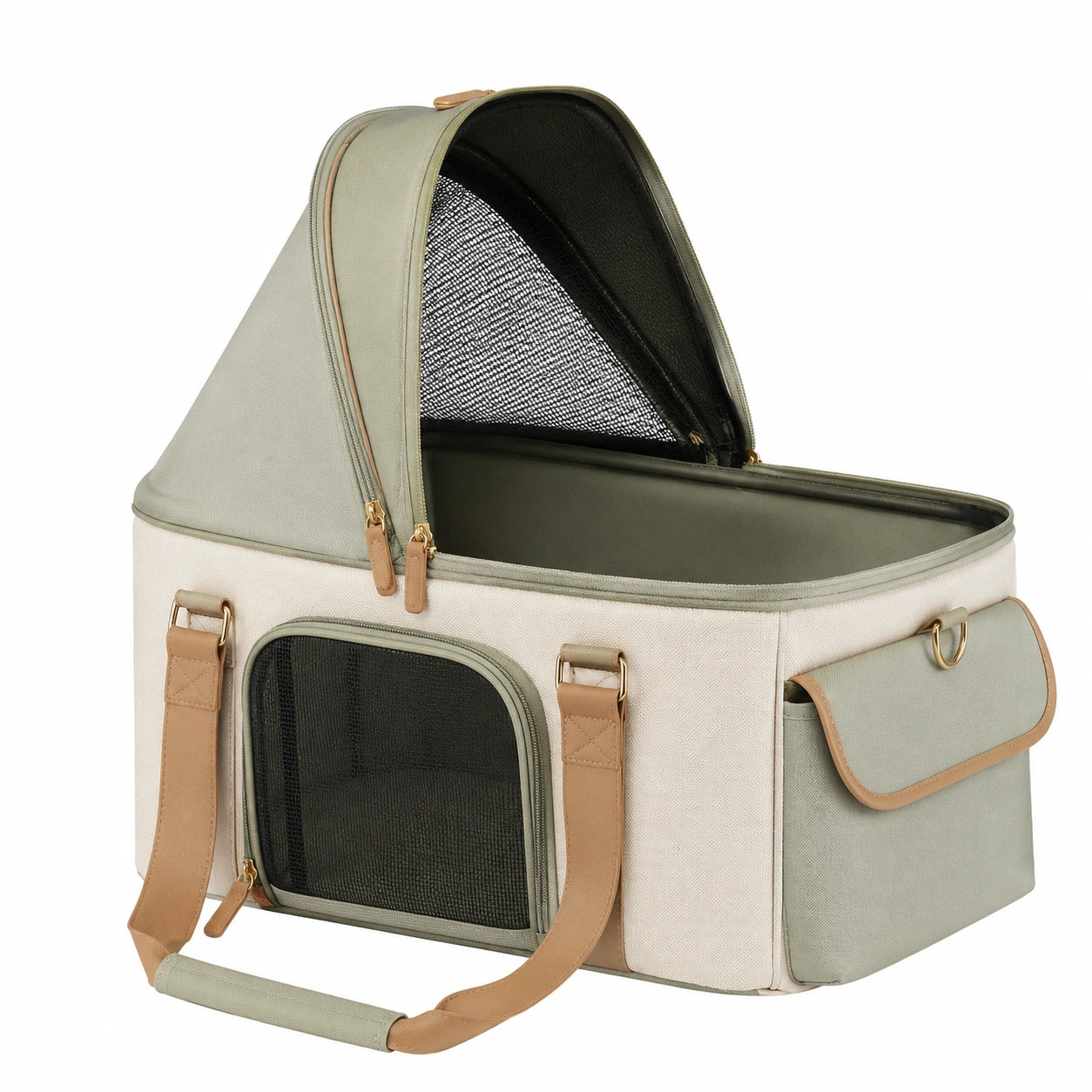 Transportín Plegable para Mascotas con Ventilación Beige/Verde